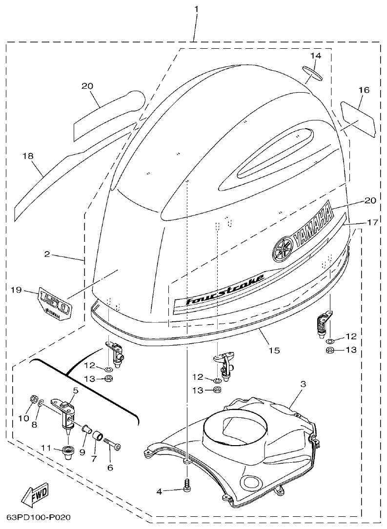 Yamaha F150DET, FL150DET TOP COWLING parts diagram
